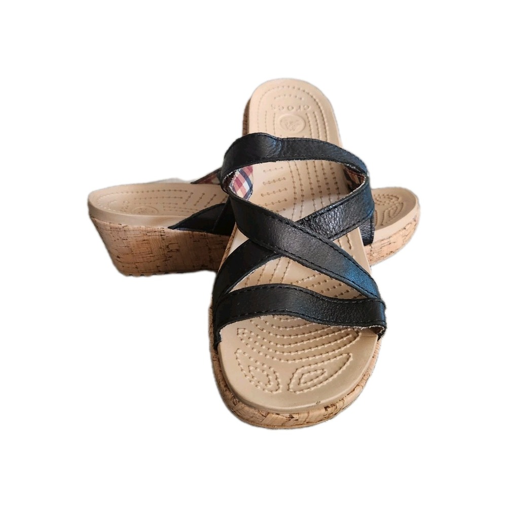 Crocs A-Leigh Cork Wedge Sandals Women's 7 M Black Leather Straps